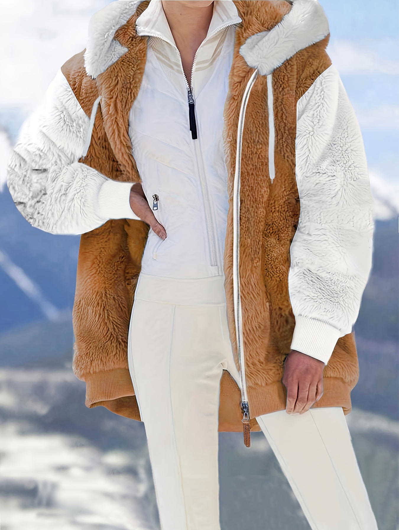 Casual Winter Coat, Women's Plus Color block Teddy Fleece Zipper Long Sleeve  Drawstring Tunic Coat